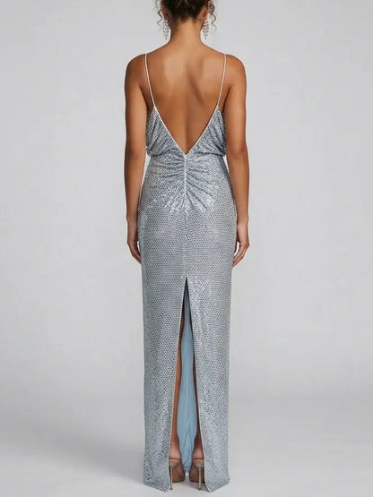 Rhinestone Embellished Draped Maxi Gown - Dresses