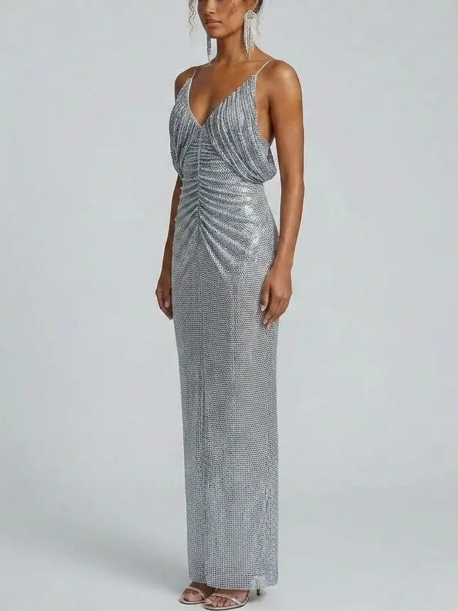 Rhinestone Embellished Draped Maxi Gown - Dresses