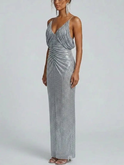 Rhinestone Embellished Draped Maxi Gown - Dresses