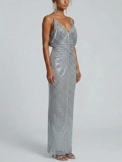 Rhinestone Embellished Draped Maxi Gown - Dresses