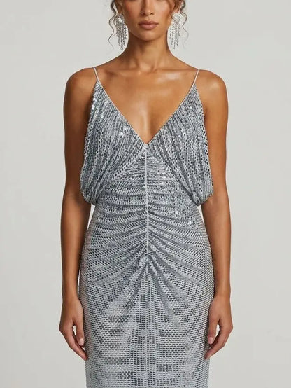 Rhinestone Embellished Draped Maxi Gown - Dresses