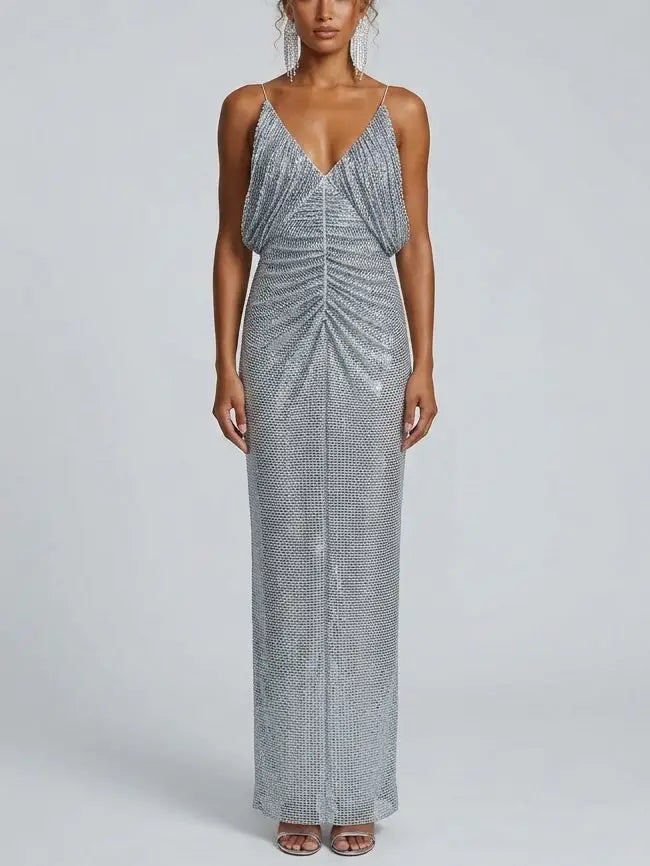 Rhinestone Embellished Draped Maxi Gown - Dresses
