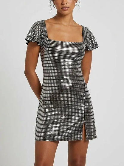Rhinestone Embellished Flutter Sleeve Mini Dress - Dresses