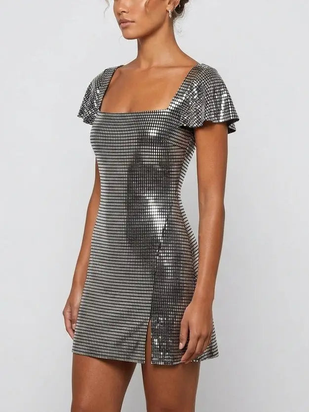 Rhinestone Embellished Flutter Sleeve Mini Dress - Dresses