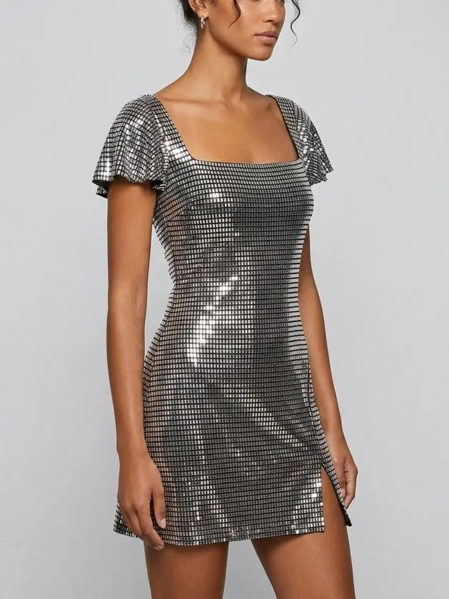 Rhinestone Embellished Flutter Sleeve Mini Dress - Dresses