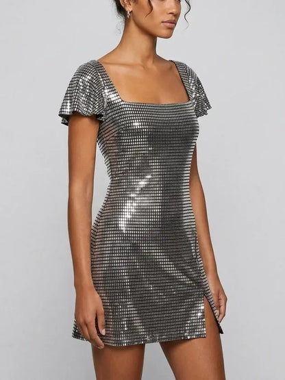 Rhinestone Embellished Flutter Sleeve Mini Dress - Dresses