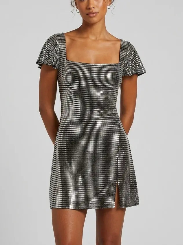 Rhinestone Embellished Flutter Sleeve Mini Dress - Dresses