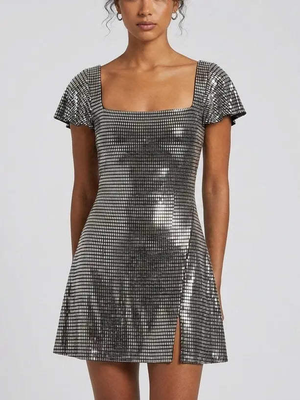 Rhinestone Embellished Flutter Sleeve Mini Dress - Dresses