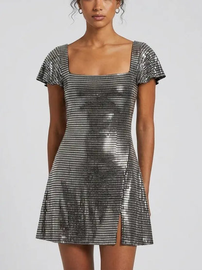 Rhinestone Embellished Flutter Sleeve Mini Dress - Dresses