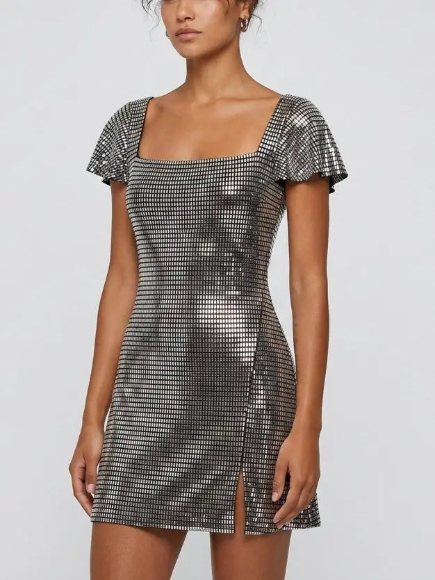 Rhinestone Embellished Flutter Sleeve Mini Dress - Dresses