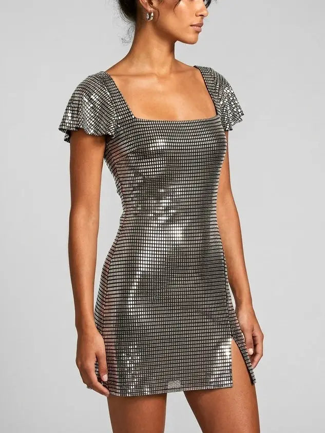 Rhinestone Embellished Flutter Sleeve Mini Dress - Dresses