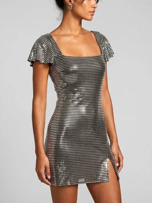 Rhinestone Embellished Flutter Sleeve Mini Dress - Dresses