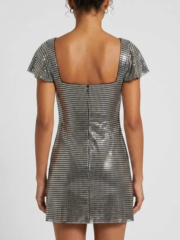 Rhinestone Embellished Flutter Sleeve Mini Dress - Dresses