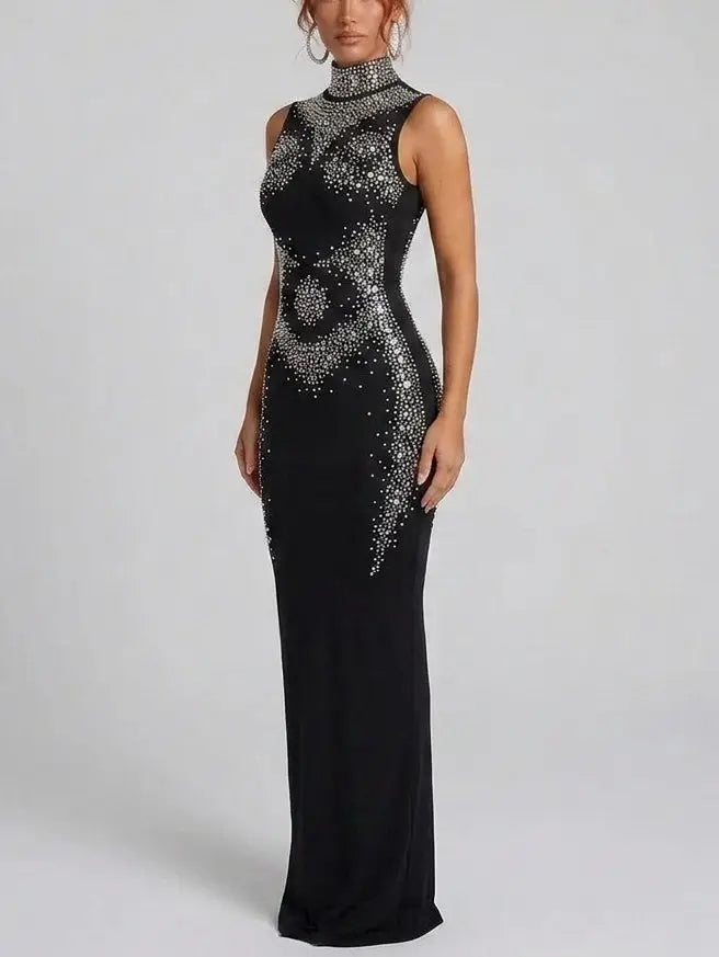 Rhinestone Embellished High Neck Black Maxi Dress - Dresses