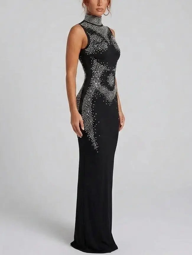 Rhinestone Embellished High Neck Black Maxi Dress - Dresses