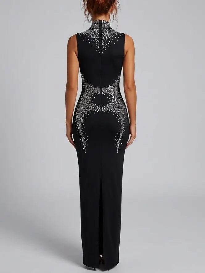 Rhinestone Embellished High Neck Black Maxi Dress - Dresses