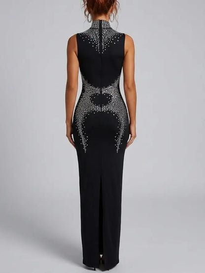 Rhinestone Embellished High Neck Black Maxi Dress - Dresses