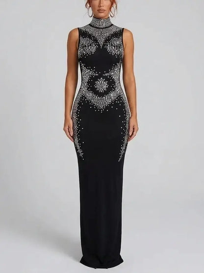 Rhinestone Embellished High Neck Black Maxi Dress - Dresses