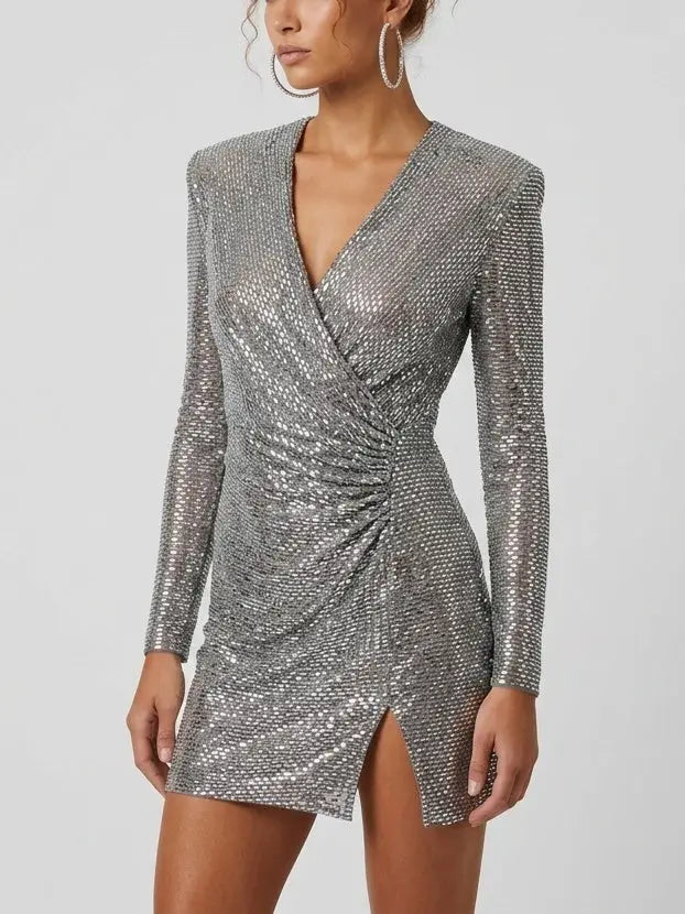 Rhinestone Embellished Ruched V-Neck Mini Dress - Dresses
