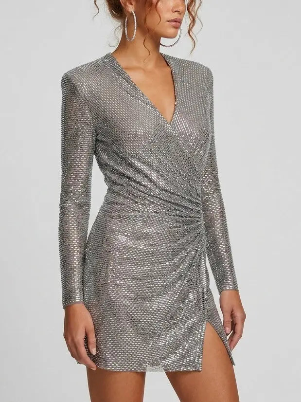 Rhinestone Embellished Ruched V-Neck Mini Dress - Dresses