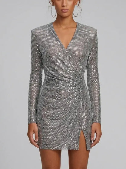 Rhinestone Embellished Ruched V-Neck Mini Dress - Dresses