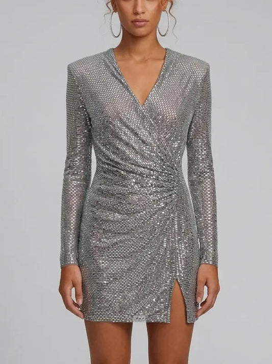 Rhinestone Embellished Ruched V-Neck Mini Dress - Dresses