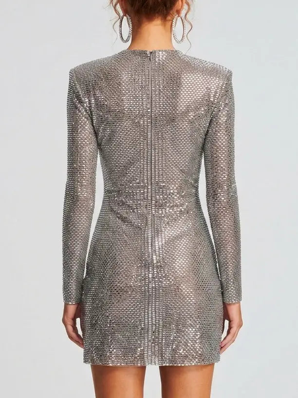 Rhinestone Embellished Ruched V-Neck Mini Dress - Dresses