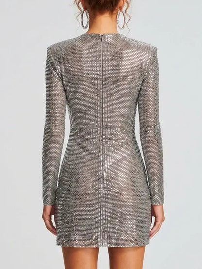 Rhinestone Embellished Ruched V-Neck Mini Dress - Dresses