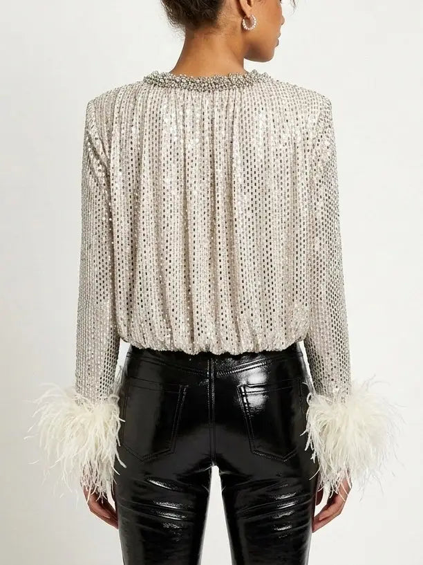 Rhinestone Feather Cuff V Neck Blouse in Champagne - Tops