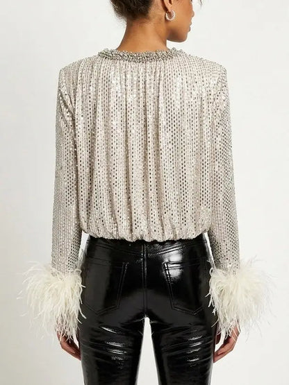 Rhinestone Feather Cuff V Neck Blouse in Champagne - Tops