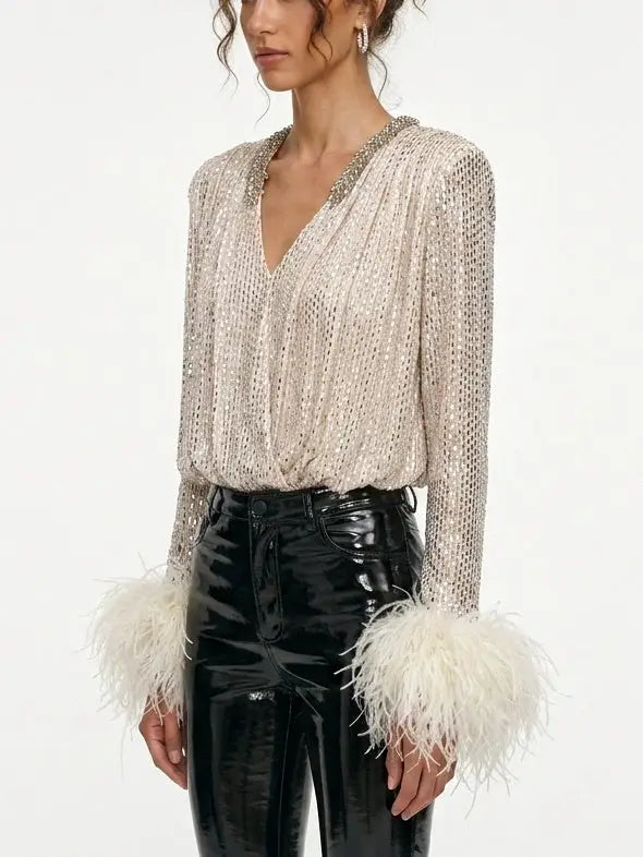 Rhinestone Feather Cuff V Neck Blouse in Champagne - Tops