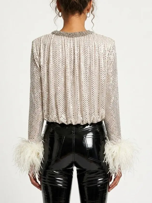 Rhinestone Feather Cuff V Neck Blouse in Champagne - Tops