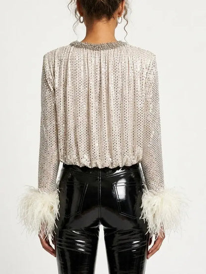 Rhinestone Feather Cuff V Neck Blouse in Champagne - Tops