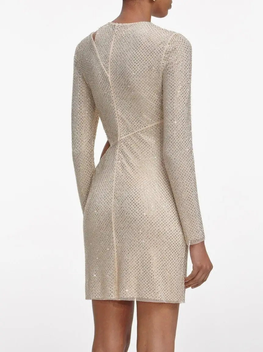 Rhinestone Lace-Trim Cut-Out Long Sleeve Mini Dress - Dresses
