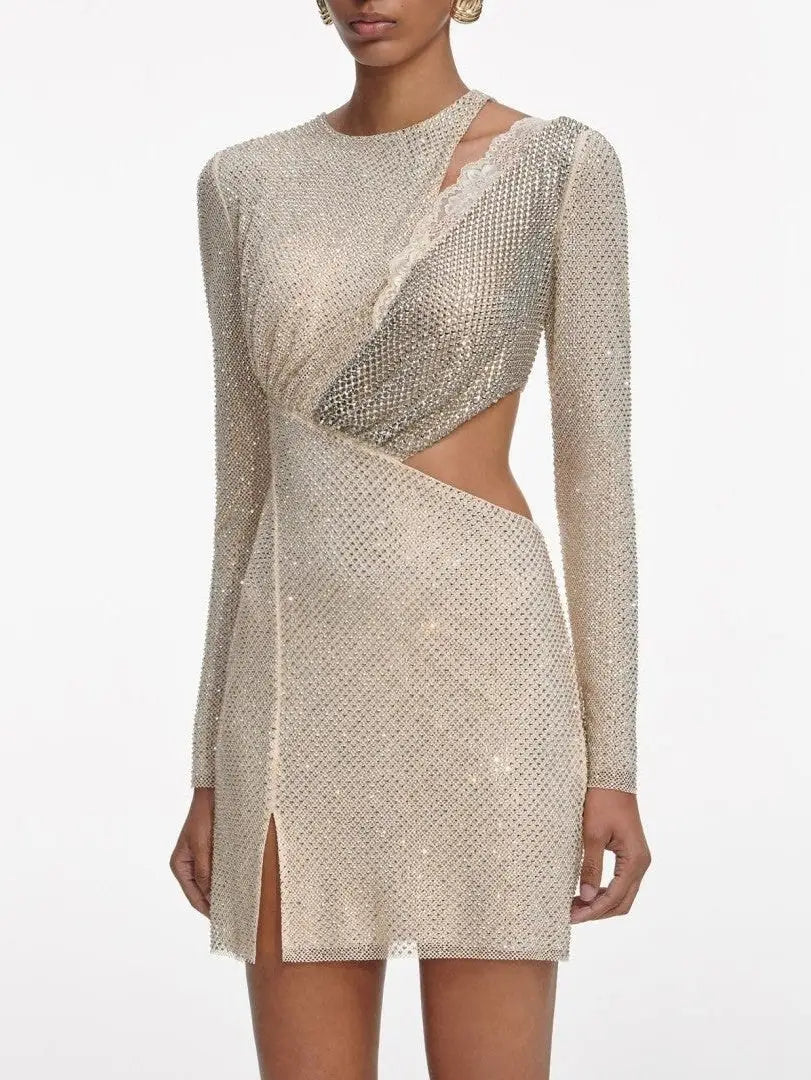 Rhinestone Lace-Trim Cut-Out Long Sleeve Mini Dress - Dresses