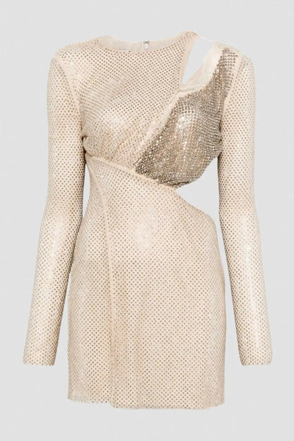 Rhinestone Lace-Trim Cut-Out Long Sleeve Mini Dress - Dresses