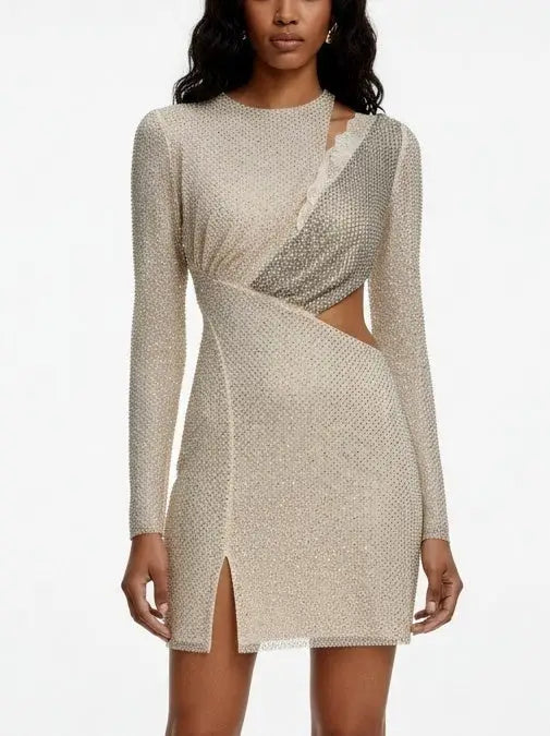 Rhinestone Lace-Trim Cut-Out Long Sleeve Mini Dress - Dresses