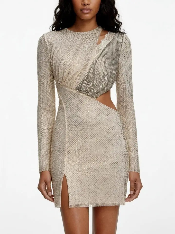 Rhinestone Lace-Trim Cut-Out Long Sleeve Mini Dress - Dresses
