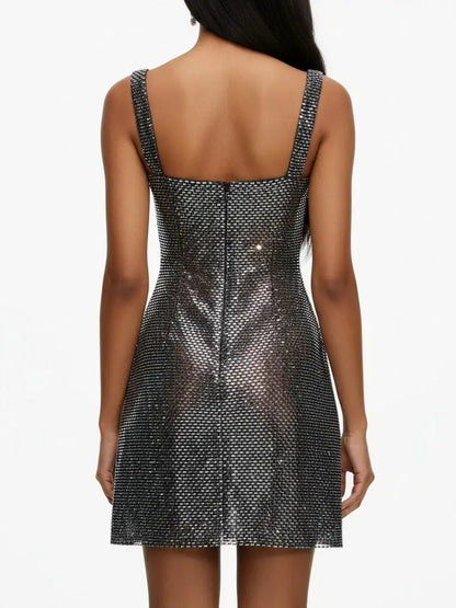 Rhinestone Square-Neck Mini Dress - Dresses