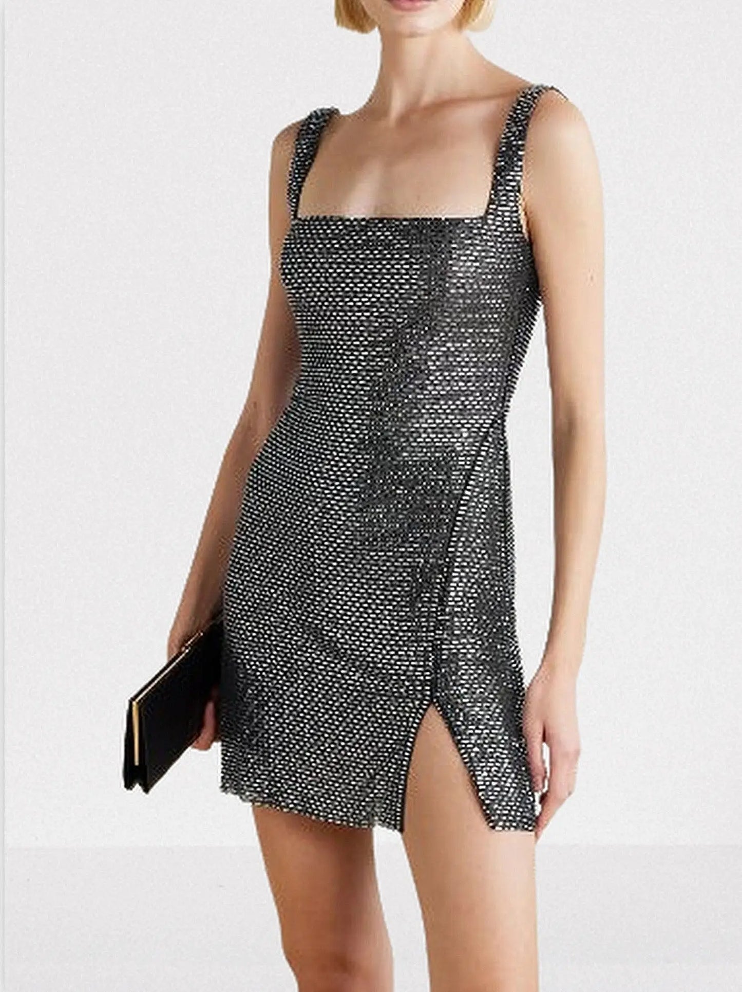Rhinestone Square-Neck Mini Dress - Dresses