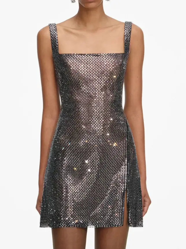 Rhinestone Square-Neck Mini Dress - Dresses