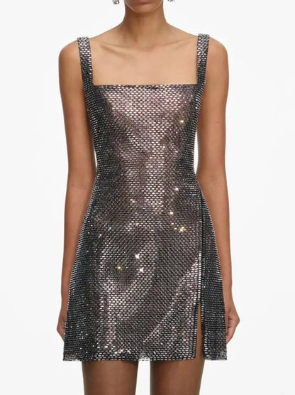 Rhinestone Square-Neck Mini Dress - Dresses