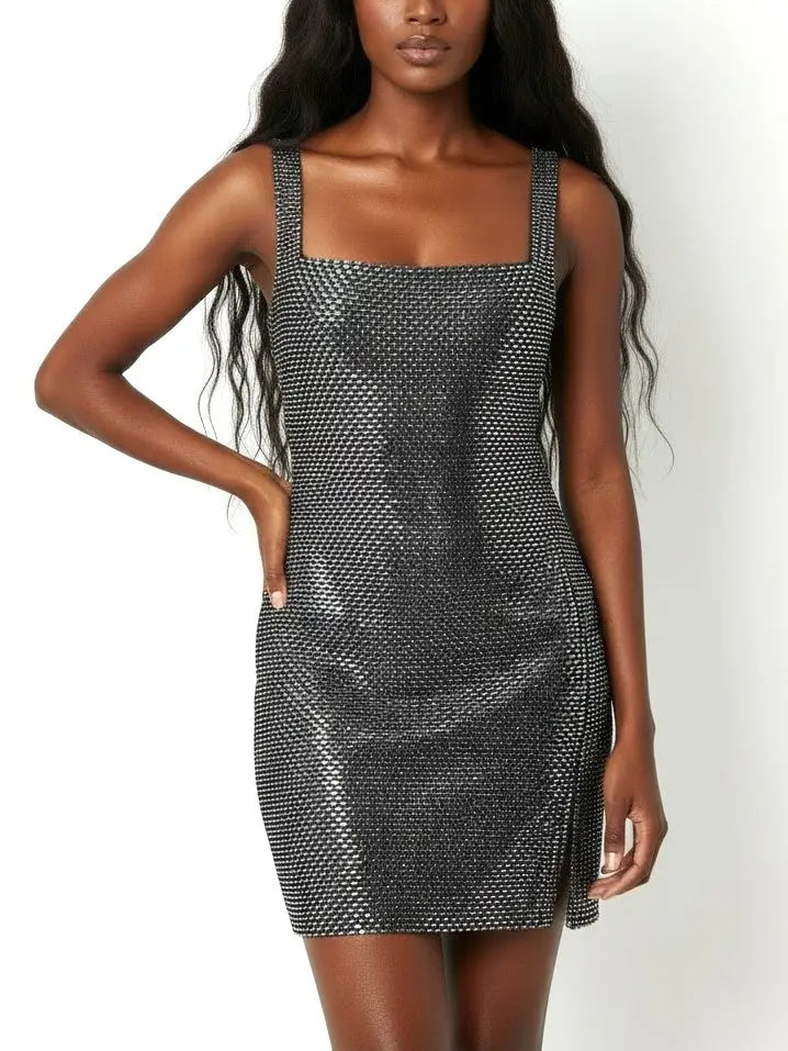 Rhinestone Square-Neck Mini Dress - Dresses