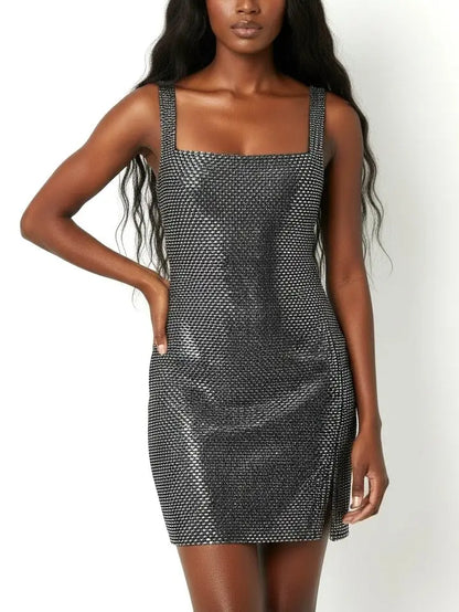 Rhinestone Square-Neck Mini Dress - Dresses