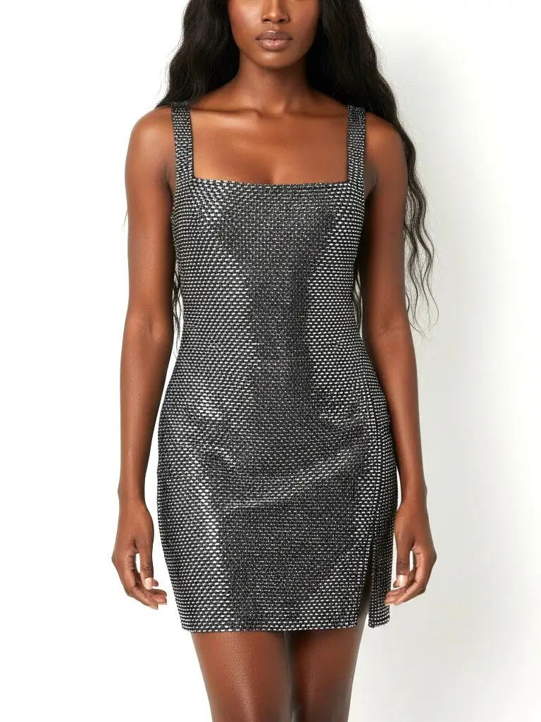 Rhinestone Square-Neck Mini Dress - Dresses