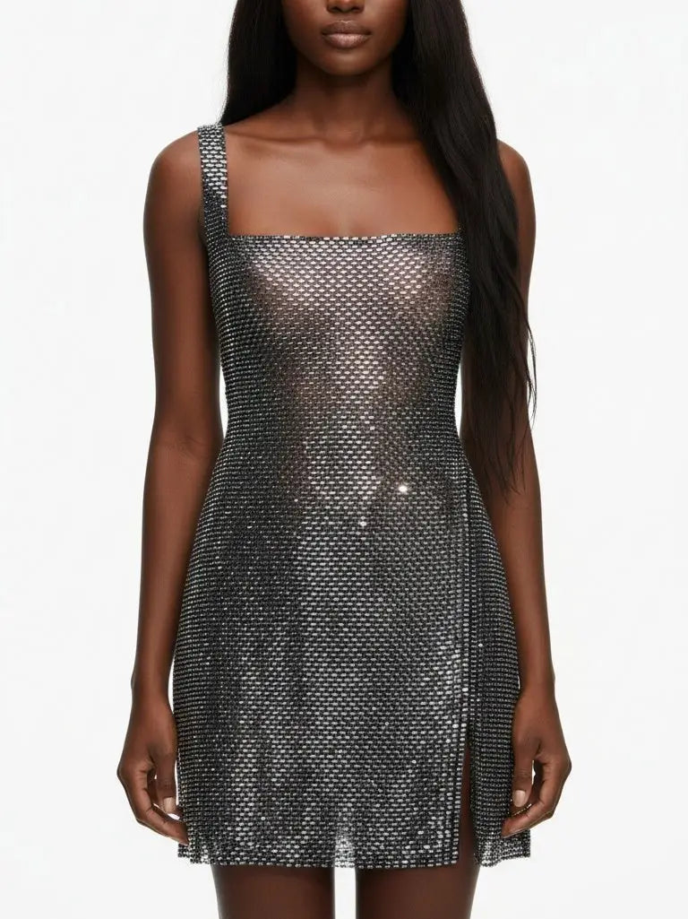 Rhinestone Square-Neck Mini Dress - Dresses