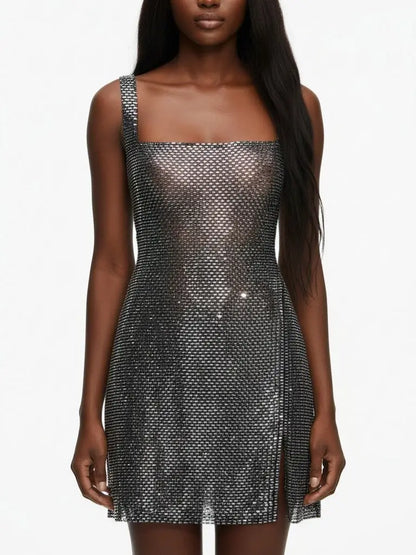 Rhinestone Square-Neck Mini Dress - Dresses