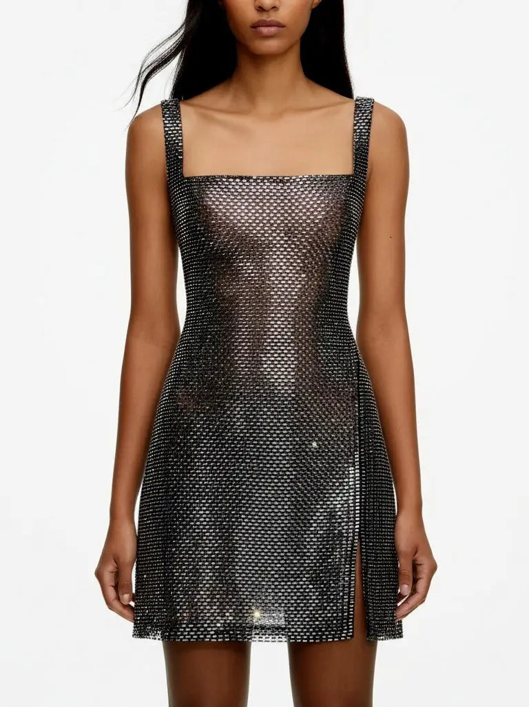 Rhinestone Square-Neck Mini Dress - XS - Dresses