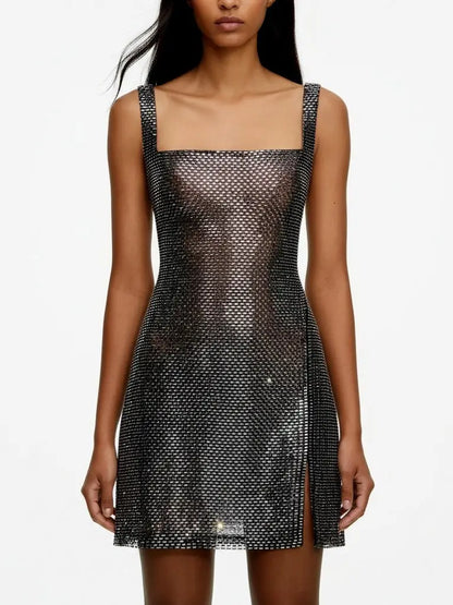 Rhinestone Square-Neck Mini Dress - XS - Dresses