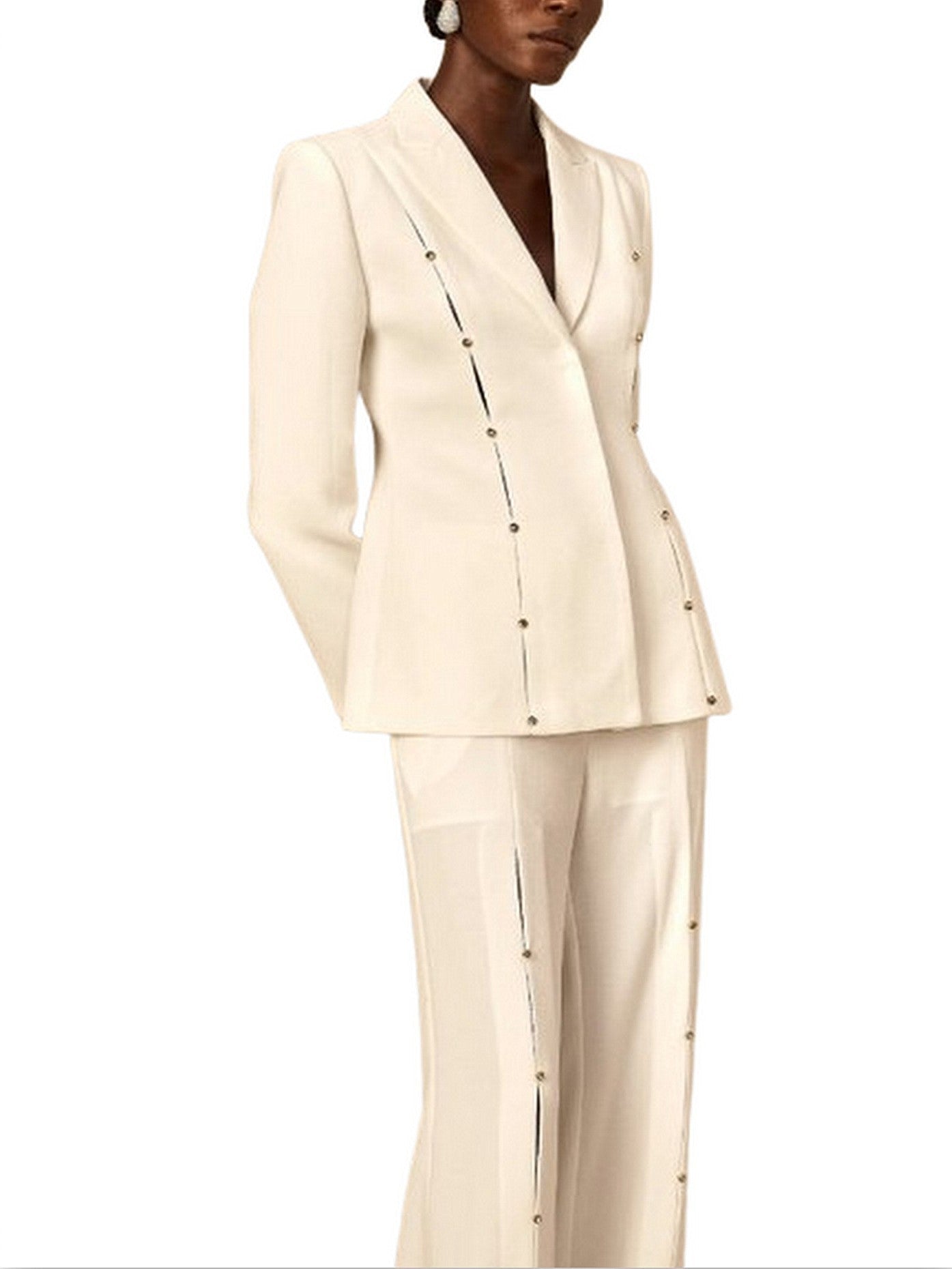 Rhinestone Stud-Embellished White Blazer and Pant Set - Suits & Sets